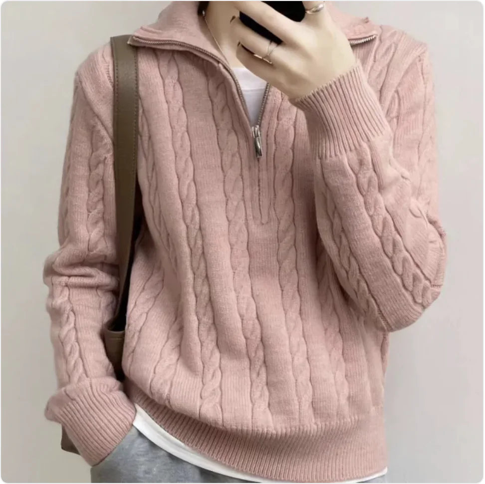 Korean-Style Retro Cable-Knit Zipper Pullover – Casual Long Sleeve Sweater Top