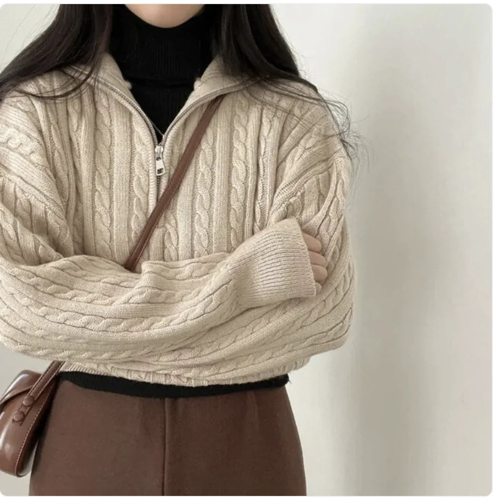 Korean-Style Retro Cable-Knit Zipper Pullover – Casual Long Sleeve Sweater Top